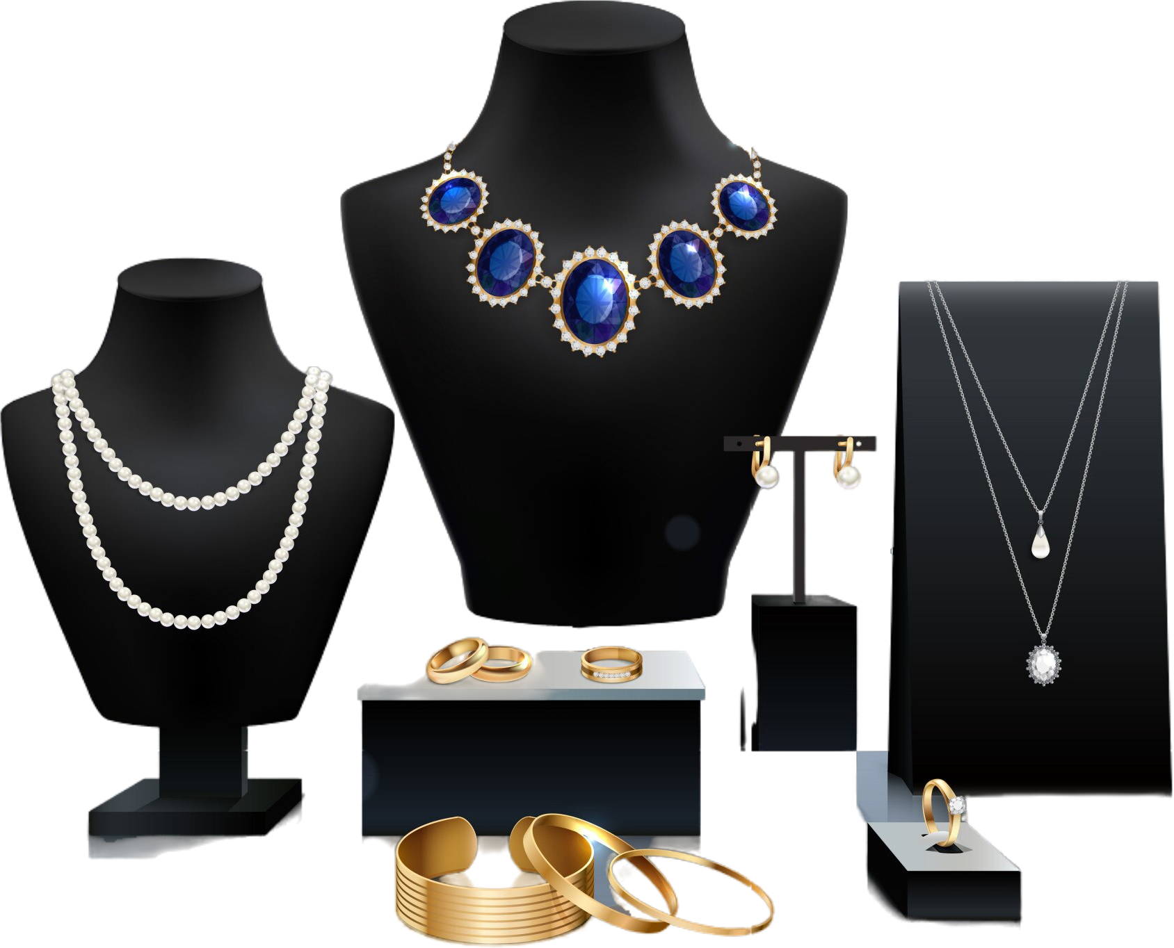 About us 1 realistic gold silver jewelry display black mannequins stands grey surface