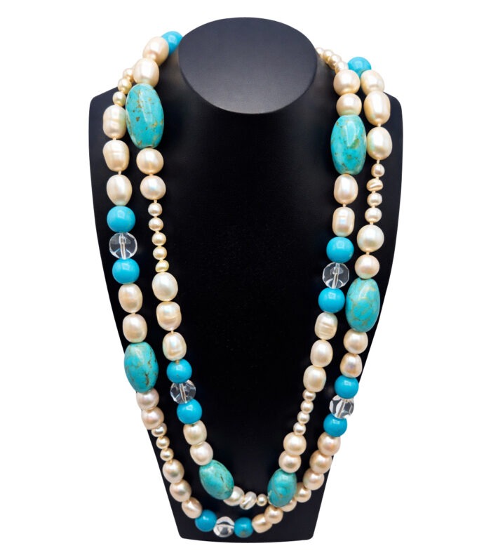 Freshwater Pearl, Turquoise & White Quartz Necklace