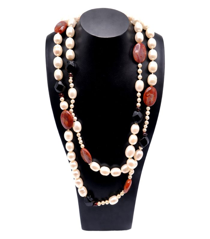 Freshwater Pearl, Red Agate & Onyx Necklace