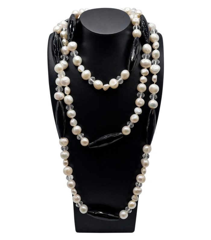 Freshwater Pearl, Onyx & Clear Quartz Necklace