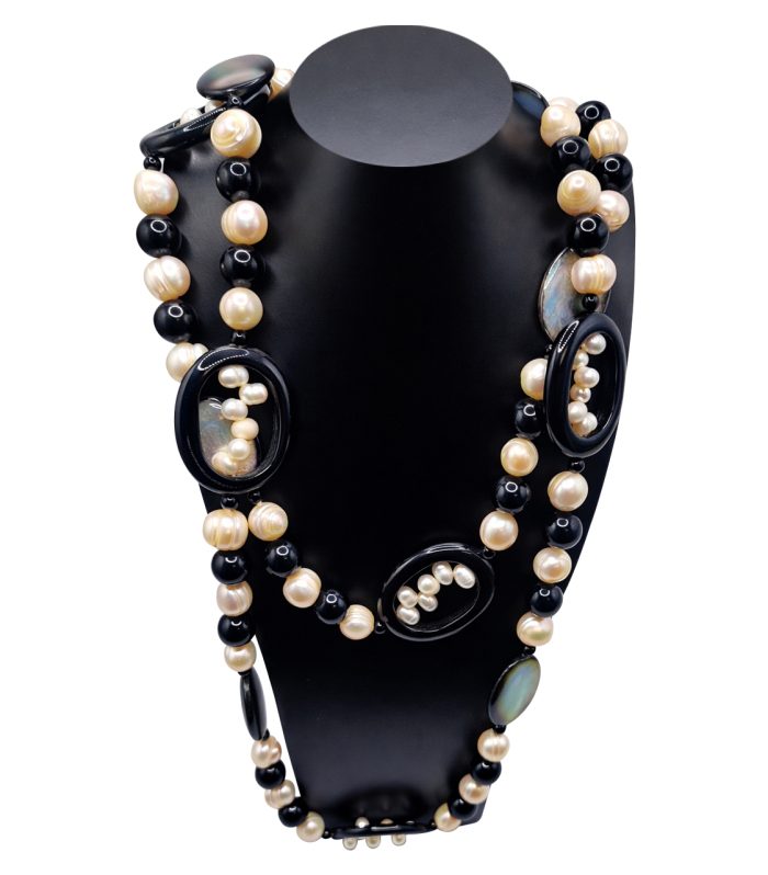 Mother of Pearl, Onyx & Freshwater Pearl Necklace