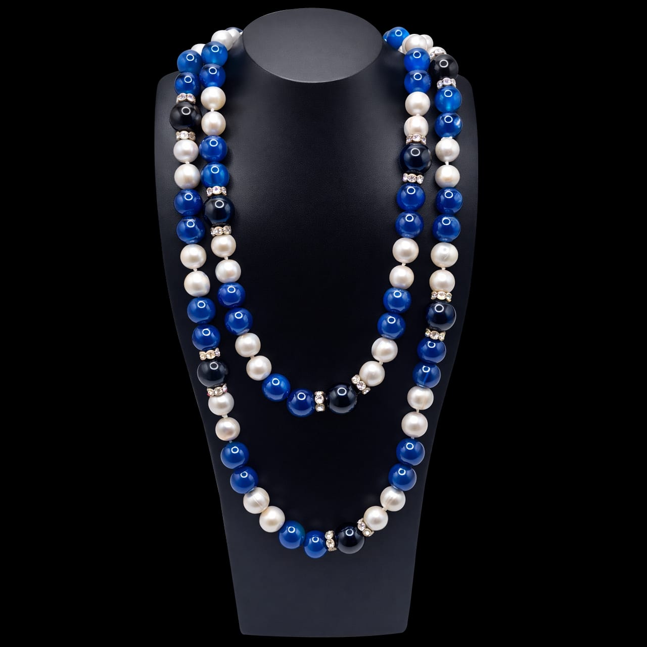 Lapis Lazuli, Onyx & Freshwater Pearl Rope Necklace - Image 3