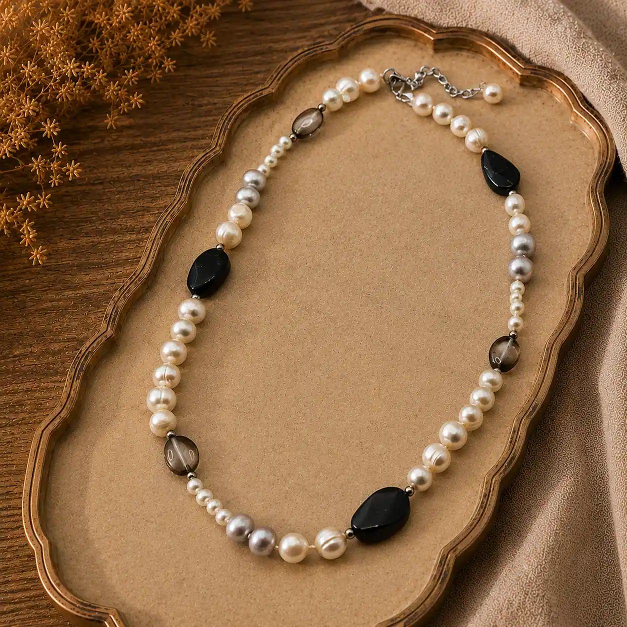 Freshwater Pearl, Agate and Smoky Quartz Necklace