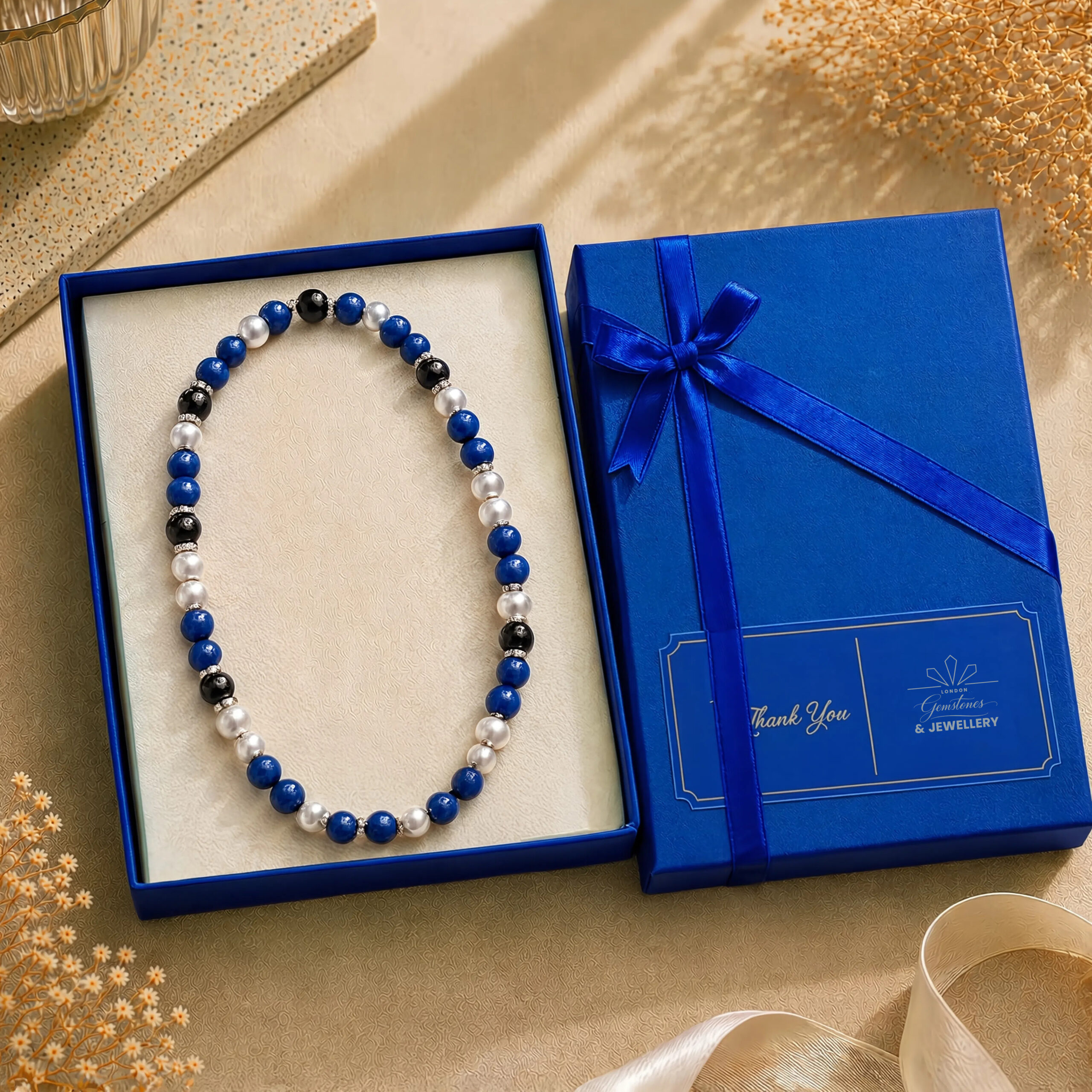 Lapis Lazuli, Onyx & Freshwater Pearl Rope Necklace - Image 7