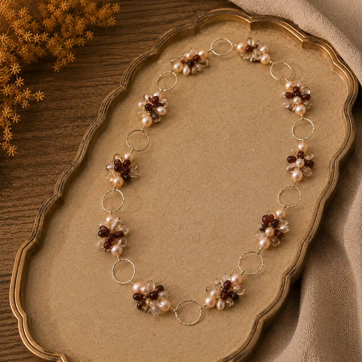 Freshwater Pearl, Garnet and Clear Quartz Necklace