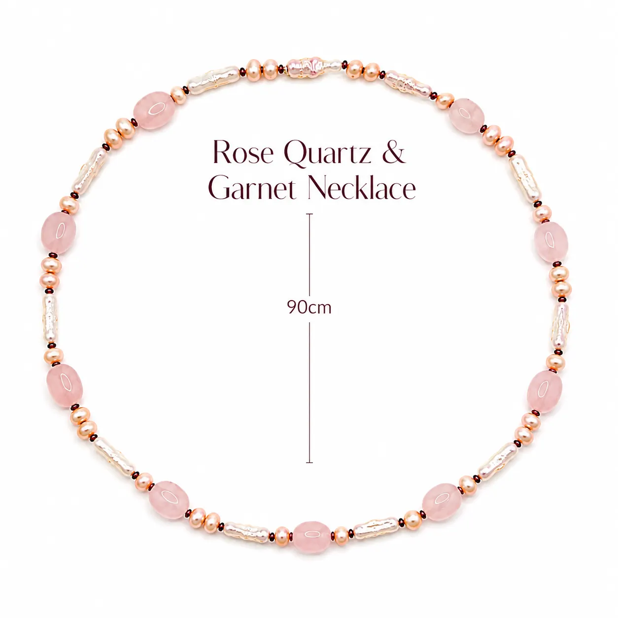Freshwater Pearl, Rose Quartz & Garnet Necklace (90cm) - Image 6