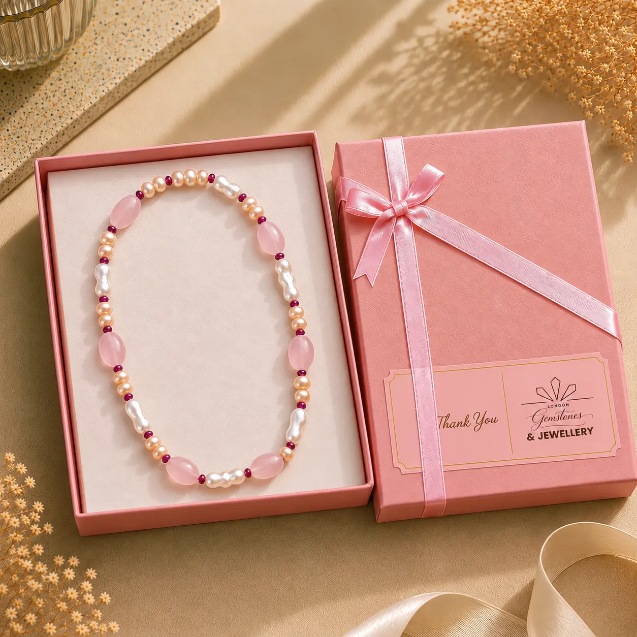 Freshwater Pearl, Rose Quartz & Garnet Necklace (90cm) - Image 2