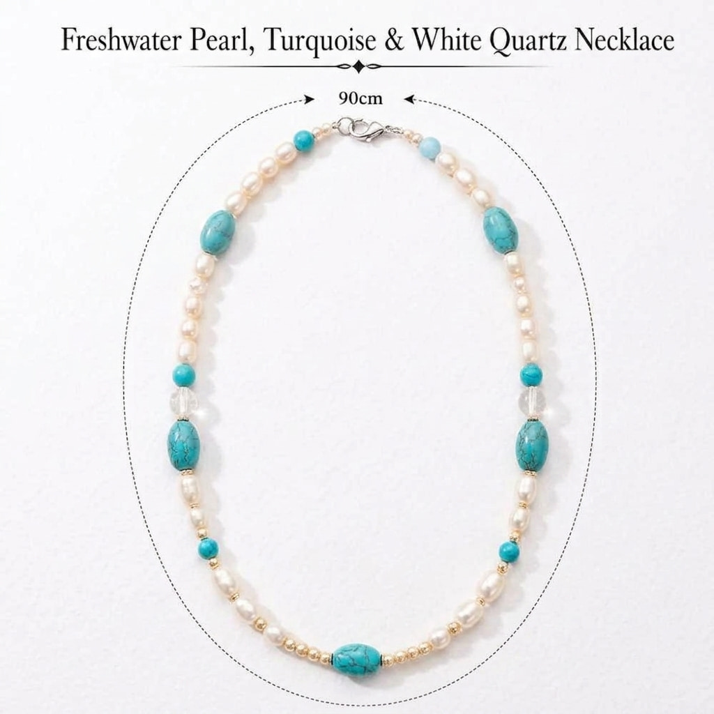 Freshwater Pearl, Turquoise & White Quartz Necklace - Image 4