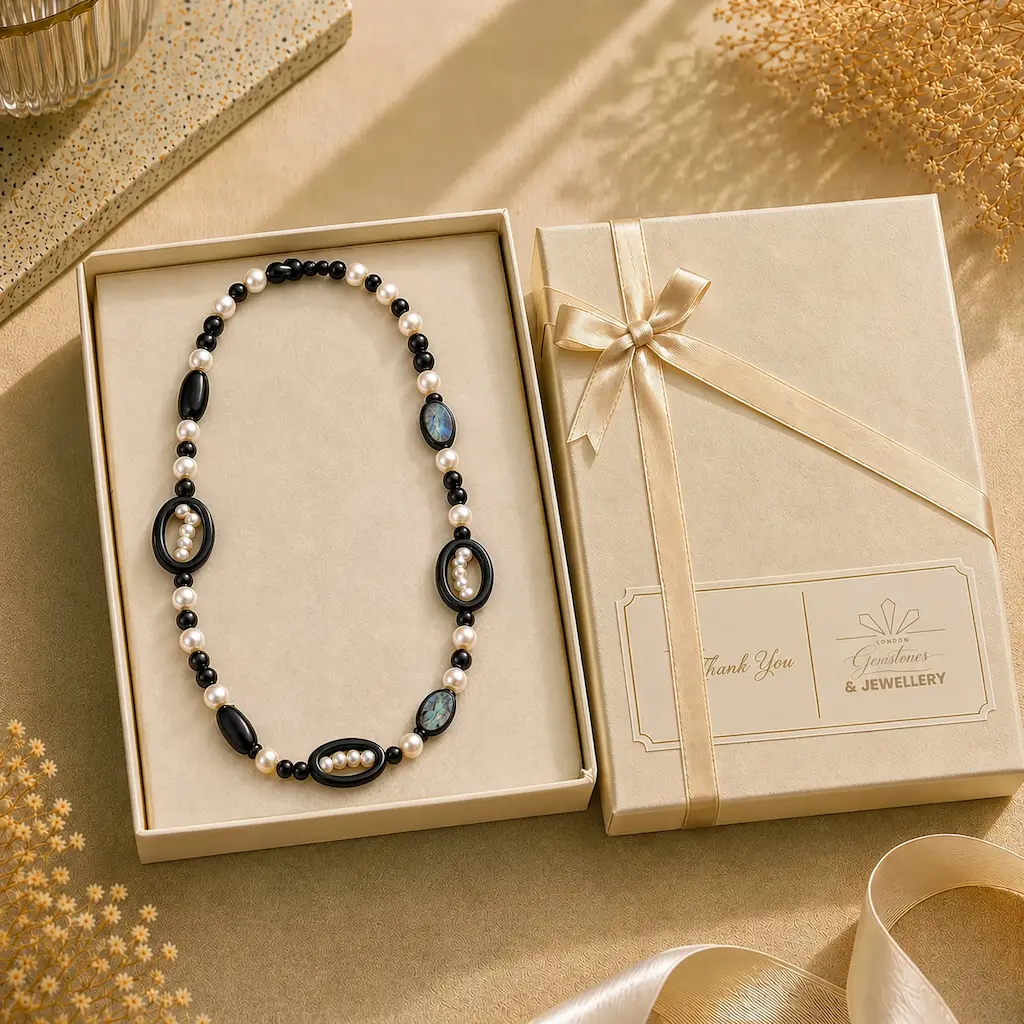 Mother of Pearl, Onyx & Freshwater Pearl Necklace - Image 3