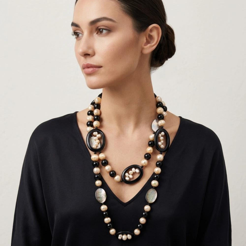Mother of Pearl, Onyx & Freshwater Pearl Necklace - Image 8