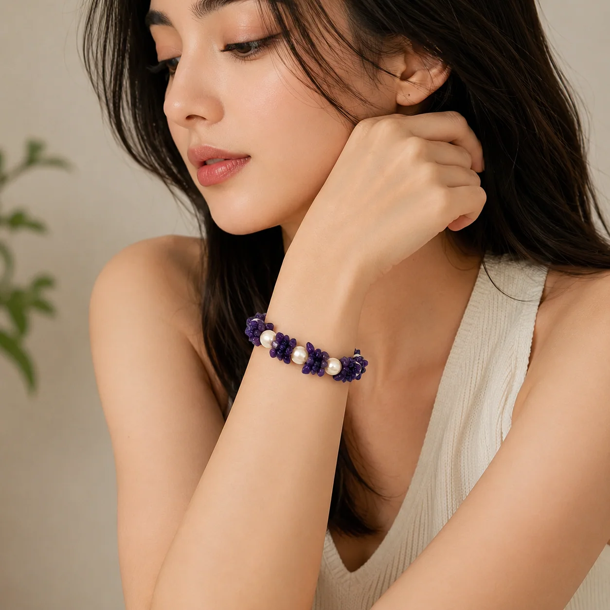 Natural Amethyst & Freshwater Pearl Bracelet - Image 3